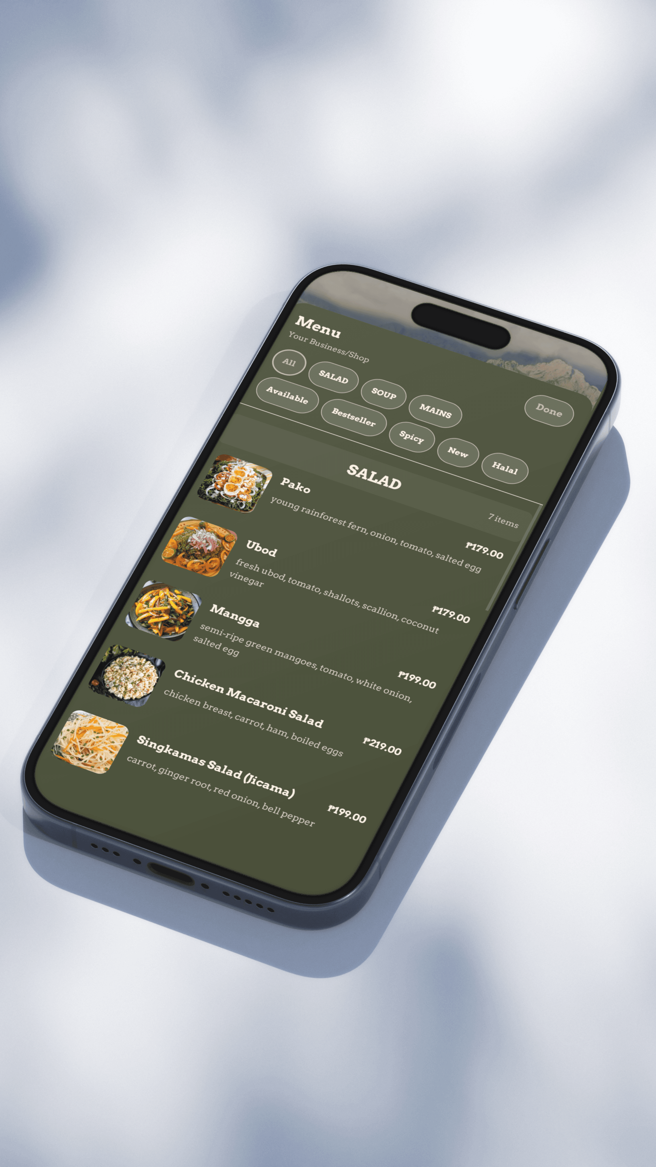 A phone displaying a green BumpLnk digital menu against a cloudy background