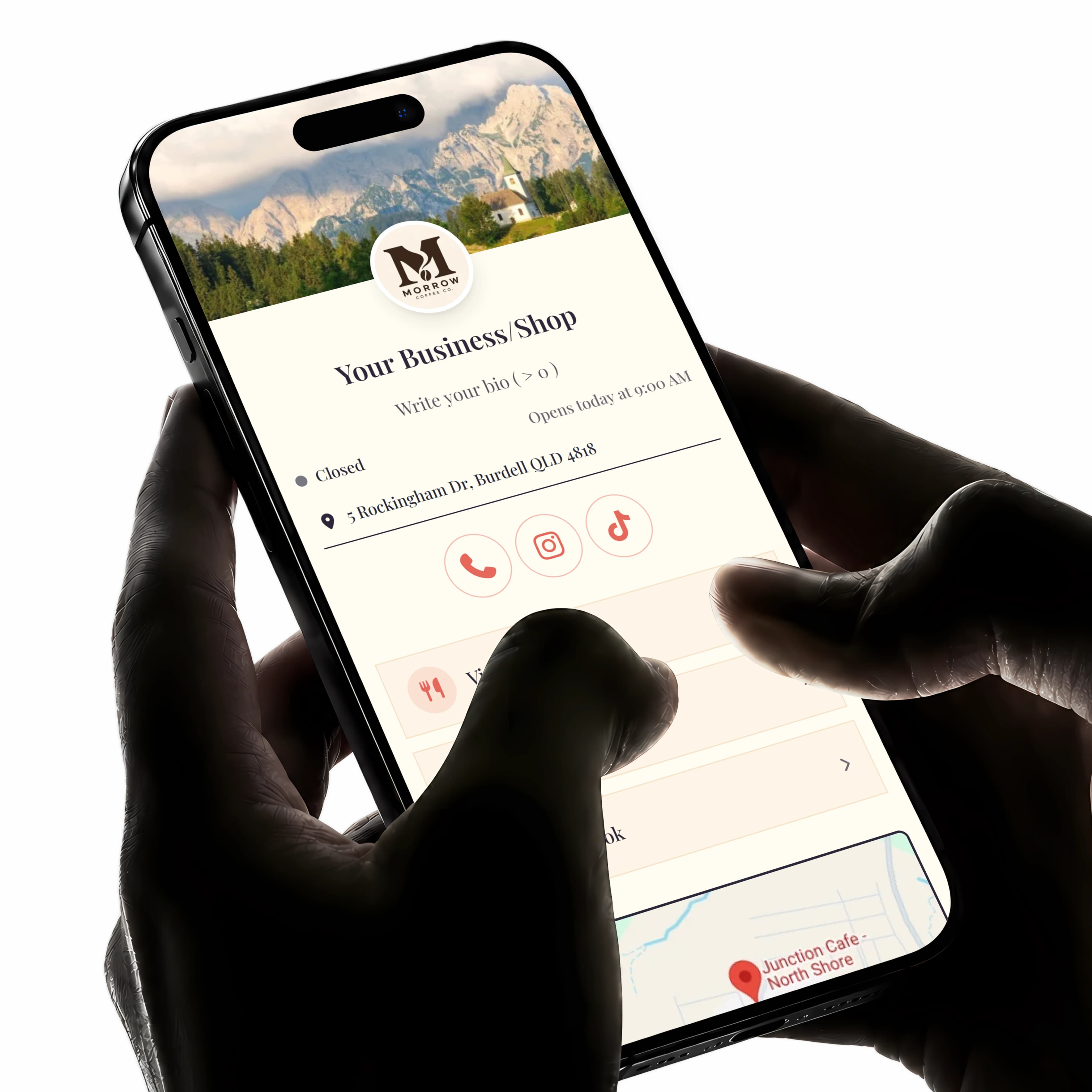 A phone showing an example BumpLnk business page